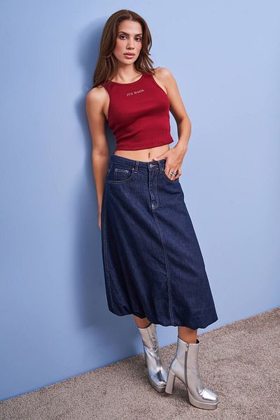 its basic Women's Navy Blue Color 7W450 Midi Length Balloon Fit 100% Cotton Denim Skirt