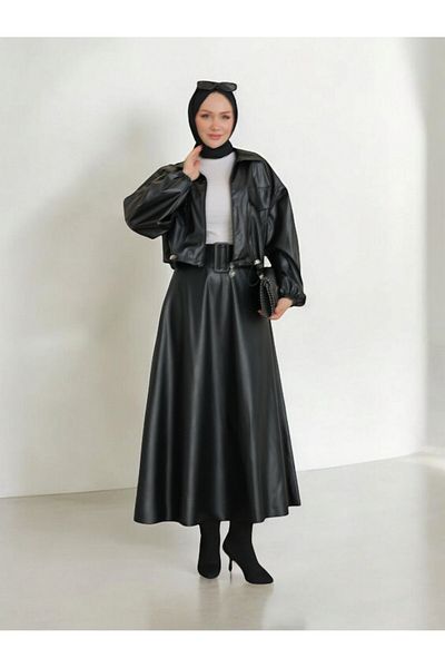 Modamorfo Lederjacke mit elastischem Bund und Reißverschluss – Schwarz