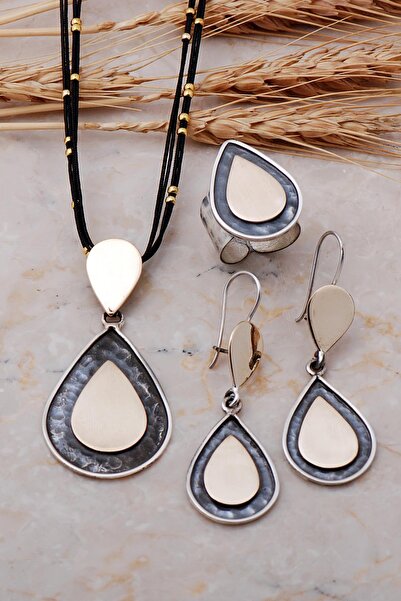 Sümer Telkari Çekiç Dövme El Yapımı Damla Tasarımlı Gümüş Set 1736