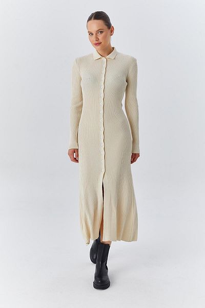 Mixray Φυσικό 6890 Γυναικείο Πλεκτό Φόρεμα Polo Neck - με κουμπιά