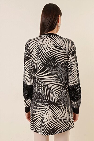 By Saygı Leaf Patterned Pocketed Lycra Cardigan with Sequin Detail