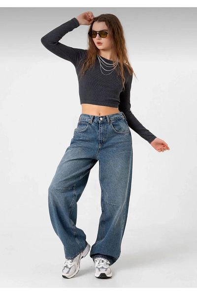 Trn JNS Blugi largi albaștri cu picior lat și detaliu cu cataramă - Pantaloni largi de damă din denim