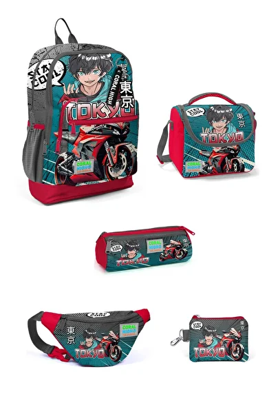 Coral High Kids Gray Nefti Anime Motorcycle Patterned 5-Piece School Bag Set 5Set23764