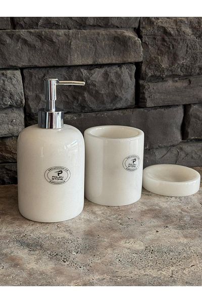 Polen Stone White Marble 3-Piece Bathroom Set-Liquid Soap Dispenser-Solid Soap Dispenser-Toothbrush Holder