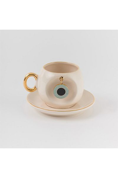BSK Nile Green Ceramic Evil Eye Coffee Cup - Handmade