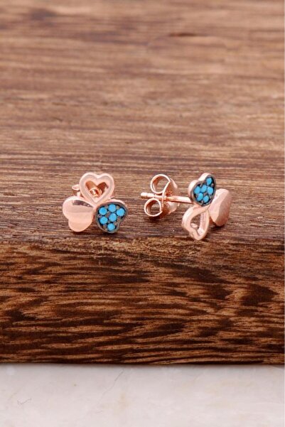 Sümer Telkari Turkuaz Taşlı Yonca Tasarım Rose Gümüş Küpe 3779