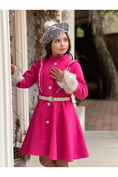 Uğurböceği Γούνινο μανίκι μαργαριτάρι Λεπτομερές παλτό Houndstooth Φόρεμα 4 τεμαχίων για κορίτσια