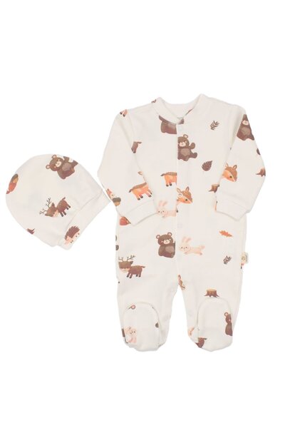 bebegen Unisex Ekru Kahve Ceylanlı Desenli Uzun Kol Bereli Eldivenli Tulum