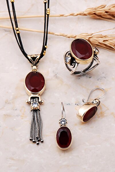 Sümer Telkari Kök Yakut Taşlı Tasarım Gümüş Set 1891