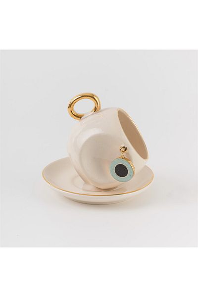 BSK Nile Green Ceramic Evil Eye Coffee Cup - Handmade