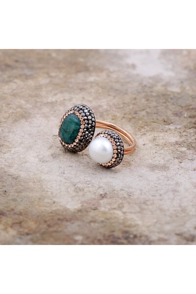 Sümer Telkari Kök Zümrüt Ve İnci Taşlı Elişi Tasarım Rose  Gümüş Yüzük 2158