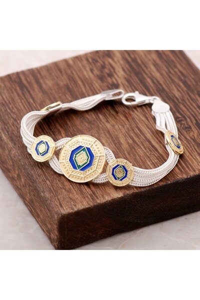 Sümer Telkari Mineli Altın Yaldızlı El Yapımı Gümüş Midyat Hasırı Bileklik 2355