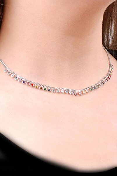 Sümer Telkari Choker Mix Sıra Taşlı Tasarım Gümüş Kolye 6474