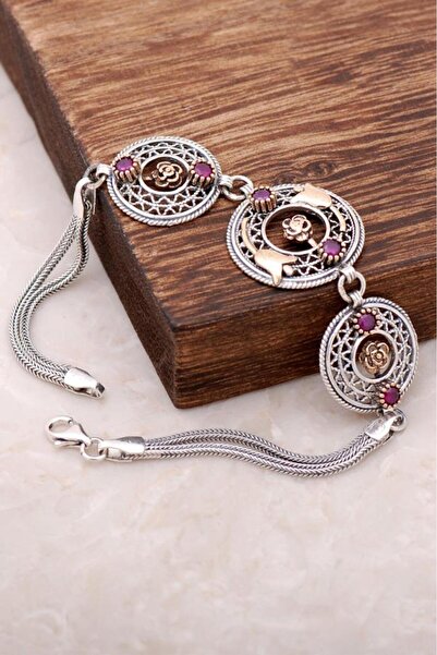 Sümer Telkari Laleli Yakut Taşlı Telkari Işlemeli Bileklik 2933