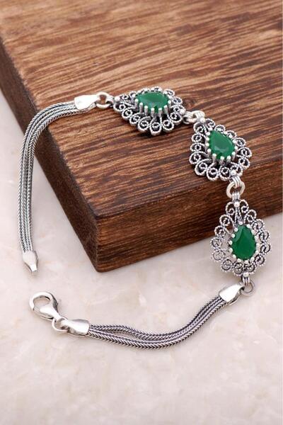 Sümer Telkari Kök Zümrüt Taşlı Telkari Işlemeli Damla Bileklik 2949