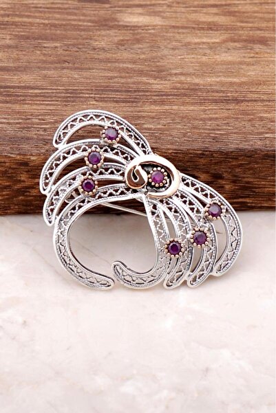 Sümer Telkari Kök Yakut Taşlı Vav Harfli Telkari İşlemeli Gümüş Broş 271