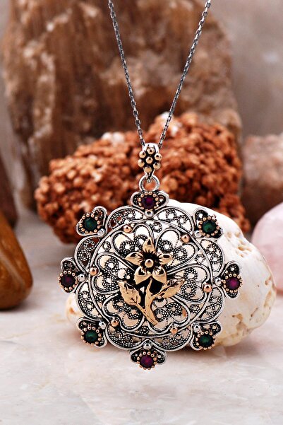 Sümer Telkari Telkari Işlemeli Kök Yakut Kök Zümrüt Taşlı Gümüş Kolye 3894