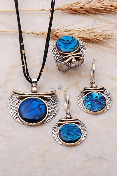 Sümer Telkari Okyanus Sedefi Taşlı Tasarım Elişi Gümüş Set 1971