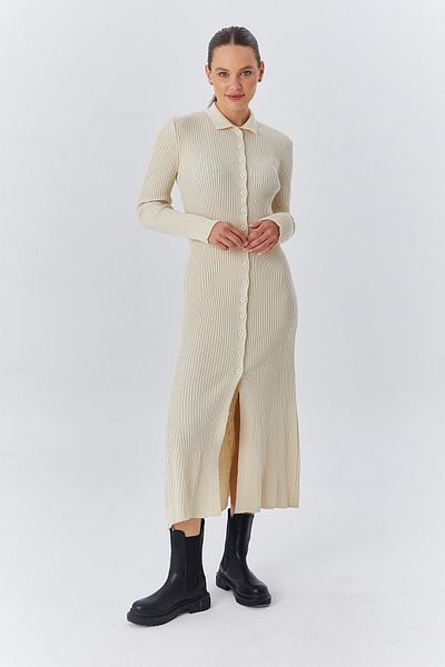 Mixray Φυσικό 6890 Γυναικείο Πλεκτό Φόρεμα Polo Neck - με κουμπιά