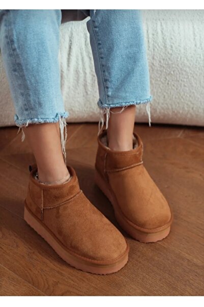 Özkan Ayakkabı Mini Taba Süet Yarım Bot İçi Tüylü Düz Taban Kadın Ayakkabı