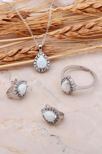 Sümer Telkari Opal Taşlı Damla Gümüş Üçlü Set 2436