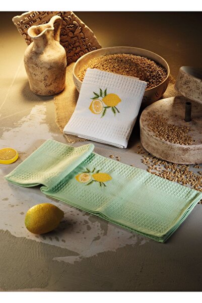 Luvilavant Limon Nakışlı Pamuklu Yeşil Beyaz Renkli 2'li Mutfak Bezi