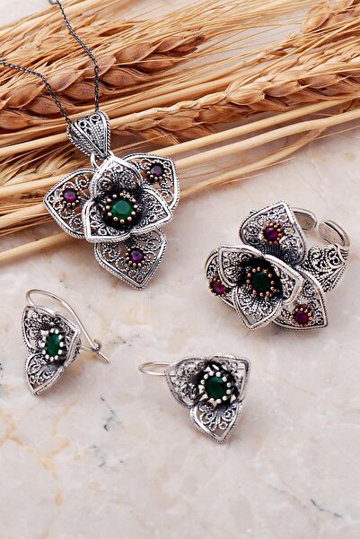 Sümer Telkari Açelya Çiçeği Kök Zümrüt Taşlı Telkari Elişi Gümüş Set 2399