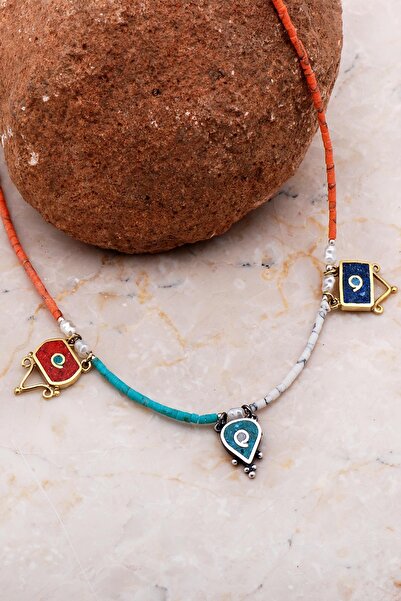 Sümer Telkari Doğal Taşlı Mozaik İşlemeli Gümüş Kolye 6528