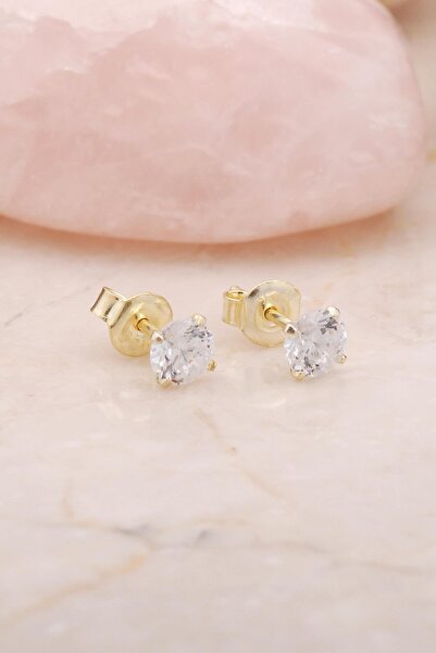 Sümer Telkari Altın Yaldızlı Gümüş 4 Mm Tek Taş Küpe 4785