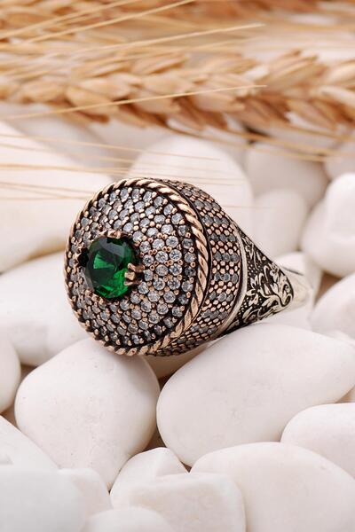 Sümer Telkari Kök Zümrüt Taşlı Tasarım Gümüş Stresyüzük 75