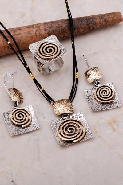 Sümer Telkari Dövme Elişi Tasarım Sarma Gümüş Set 2158