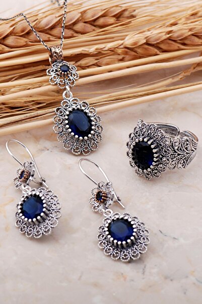 Sümer Telkari Safir Taşlı Telkari Elişi Gümüş Set 2379