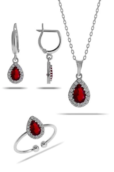 Sümer Telkari Lal Taşlı Damla Mini Rodyumlu Gümüş Set 2308