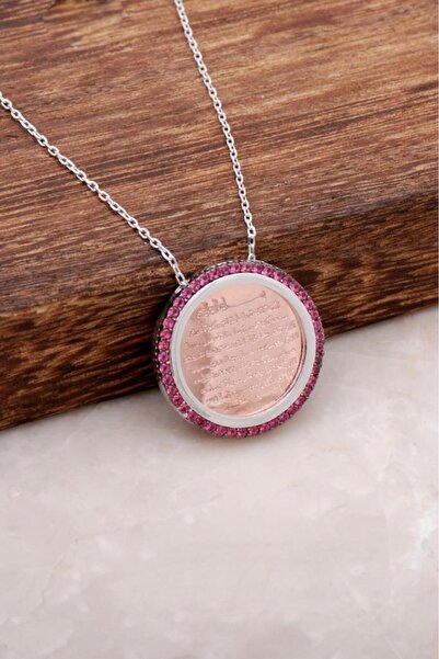 Sümer Telkari Rubin Taşlı Ayetli Gümüş Plaka Kolye 1210