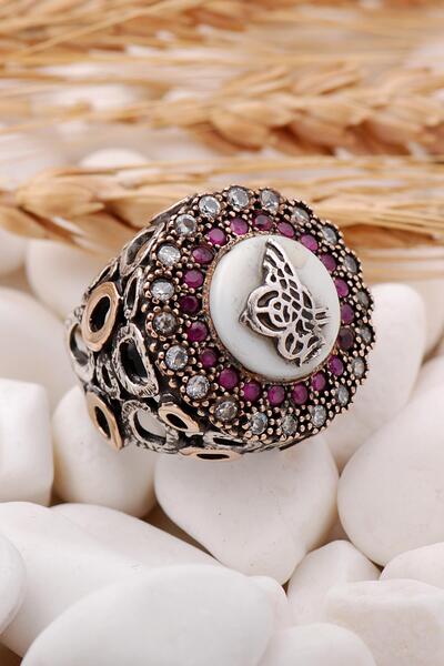 Sümer Telkari Osmanlı Tuğralı Sedef Taşlı Elişi Gümüş Yüzük 74