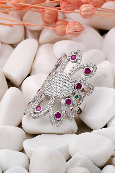 Sümer Telkari Kök Yakut Taşlı Tasarım Rodyumlu Gümüş Yüzük 315