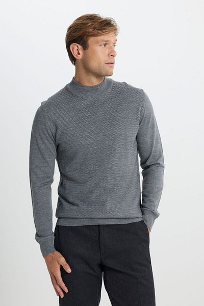 ALTINYILDIZ CLASSICS Woolen Keep Warm Standard Fit Normal Cut Half Turtleneck Jacquard Knitwear Gray Melange Sweater