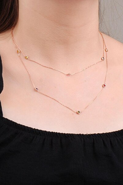 Sümer Telkari Rose Gümüş Mix Taşlı 90 Cm Kolye 6631