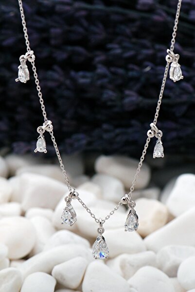 Sümer Telkari Damla Sıra Taşlı Rodyumlu Gümüş Kolye 22