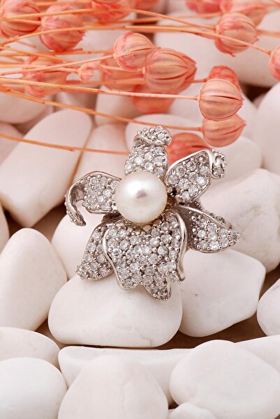 Sümer Telkari İncili Çiçek Tasarım Rodyumlu Gümüş Yüzük 288