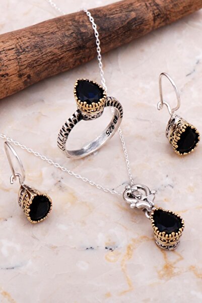 Sümer Telkari Safir Taşlı Elişi Tasarım Gümüş Damla Set 2054