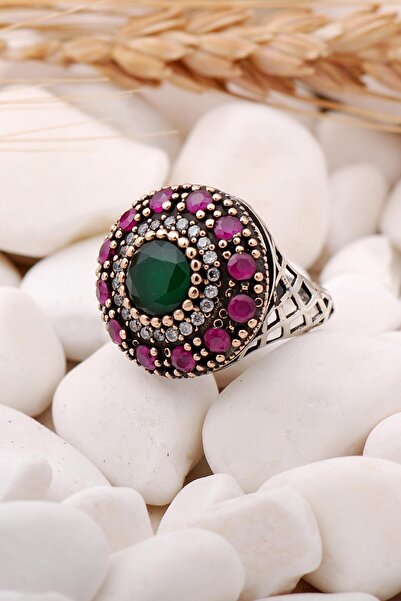 Sümer Telkari Kök Yakut Ve Kök Zümrüt Taşlı Elişi Gümüş Yüzük 80