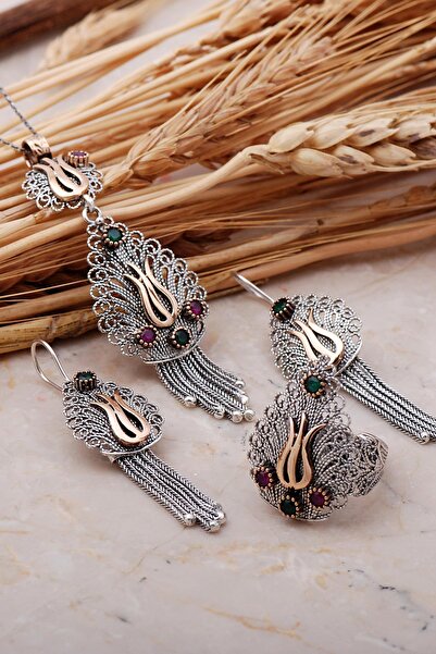 Sümer Telkari Laleli Püsküllü Telkari Elişi Gümüş Set 2363