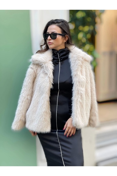 Selence Bej kısa premium kürk kaban