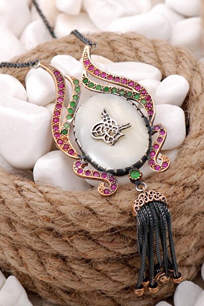 Sümer Telkari Osmanlı Tuğralı Sedef Taşlı Otantik Elişi Gümüş Kolye 161