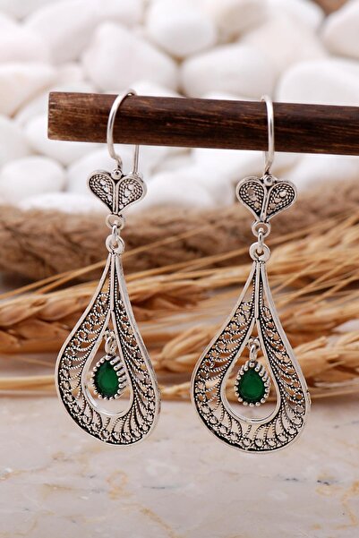 Sümer Telkari Kök Zümrüt Taşlı Damla Telkari Elişi Gümüş Küpe 5769