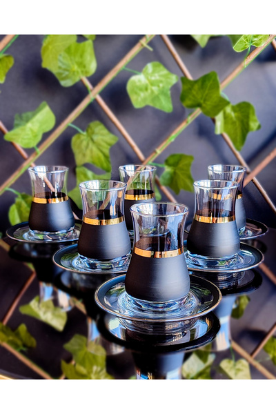 SEÇKİNEV Eva Blackline Gerçek Yaldızlı 12 Parça Çay Takımı&Bardak