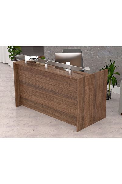 Mahmayi Modern Reception Desk White with Glass Top Desk Office Reception Table-180Cm (Dark Brown)