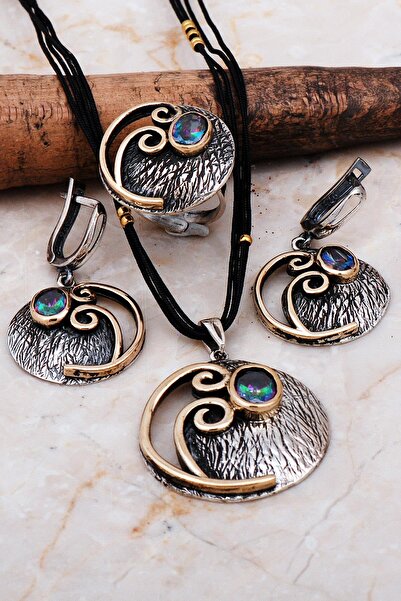 Sümer Telkari Mistik Topaz Taşlı Çekiç Dövme Elişi Gümüş Set 2232