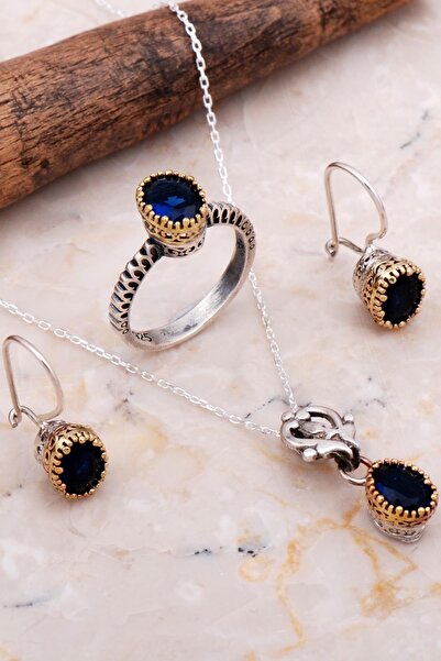 Sümer Telkari Safir Taşlı Elişi Gümüş Tasarım Set 2052